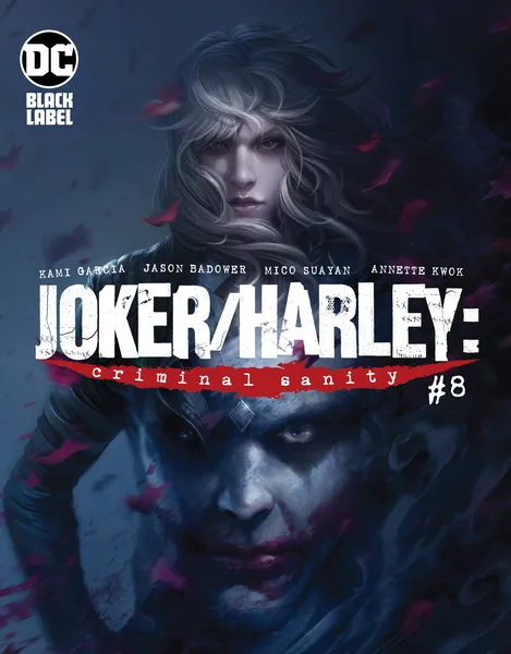 Cover of issue #8 shows Harley looking angry. Joker's face is superimposed over her chest. 