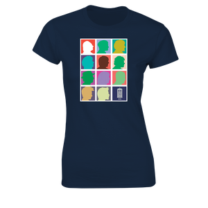 [Doctor Who: Women's Fit T-Shirt: 2013 Doctors Silhouette Grid (Pop Art) (Navy) (Product Image)]