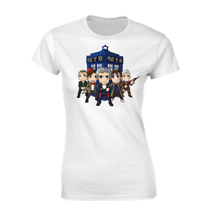 [Doctor Who: Women's Fit T-Shirt: The Five (Kawaii) Doctors & TARDIS By Kelly Yates (Product Image)]