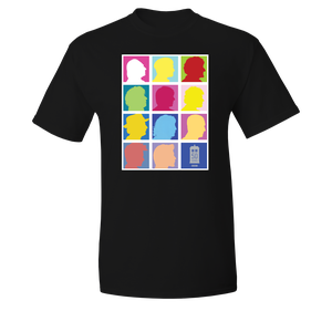 [Doctor Who: T-Shirt: 2013 Doctors Silhouette Grid (Pop Art) (Black) (Product Image)]