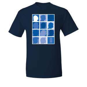 [Doctor Who: T-Shirt: 2013 Doctors Silhouette Grid (Blue) (Product Image)]