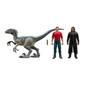 [Jurassic World: Dominion: Extreme Damage Pursuit Action Figure 3-Pack: Owen, Delacourt & Velociraptor Blue (Product Image)]