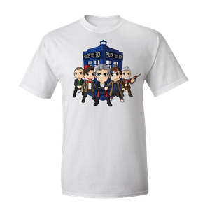 [Doctor Who: T-Shirt: The Five (Kawaii) Doctors & TARDIS By Kelly Yates (Product Image)]